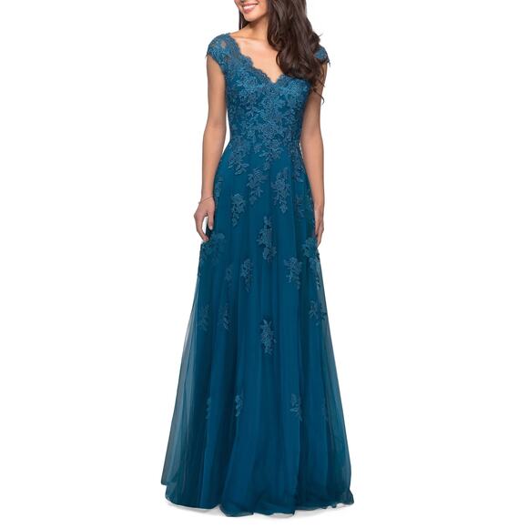 La Femme Teal Blue 26942 Embellished Tulle & Lace A-Line Gown Size 16 NWT